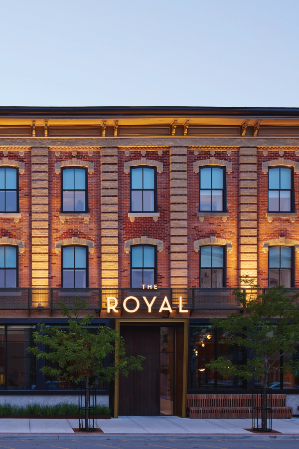 The Royal Hotel front facade in the evening